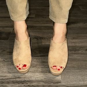 Nude suede platform heeled mules